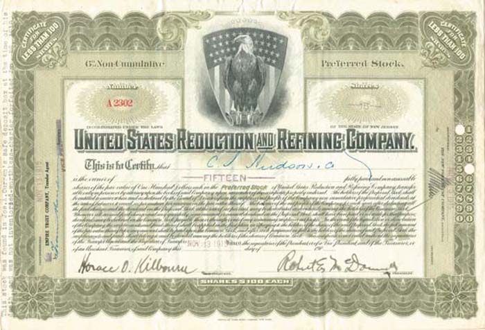 United States Reduction and Refining Co. - Stock Certificate